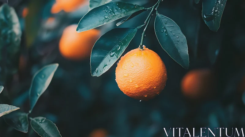 Rain-dappled orange fruit hangs against deep teal foliage