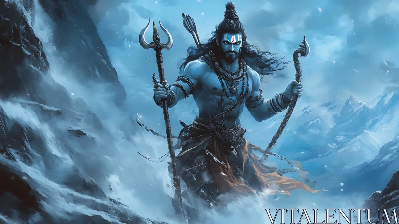 Powerful blue deity with trident in icy mountain storm.