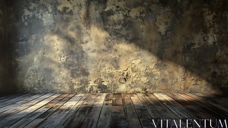 Textured plaster wall meets worn wooden floor in oblique light