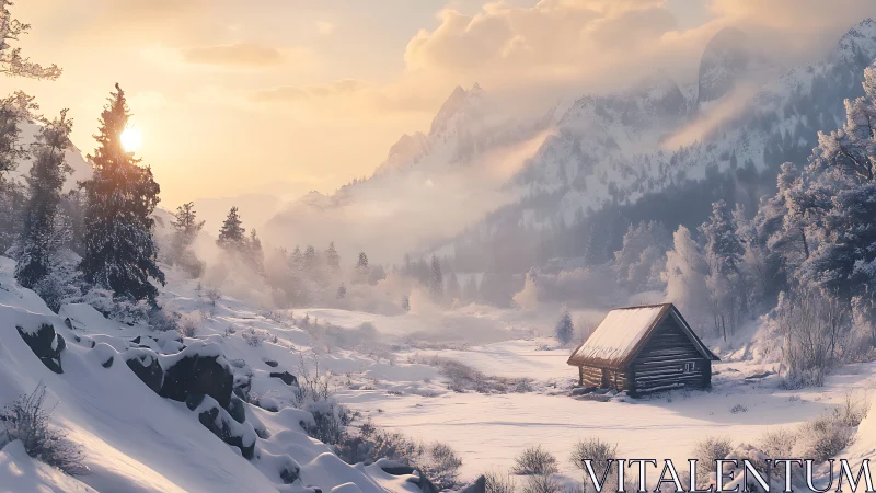 Snow-covered valley contains cabin and distant mountain range