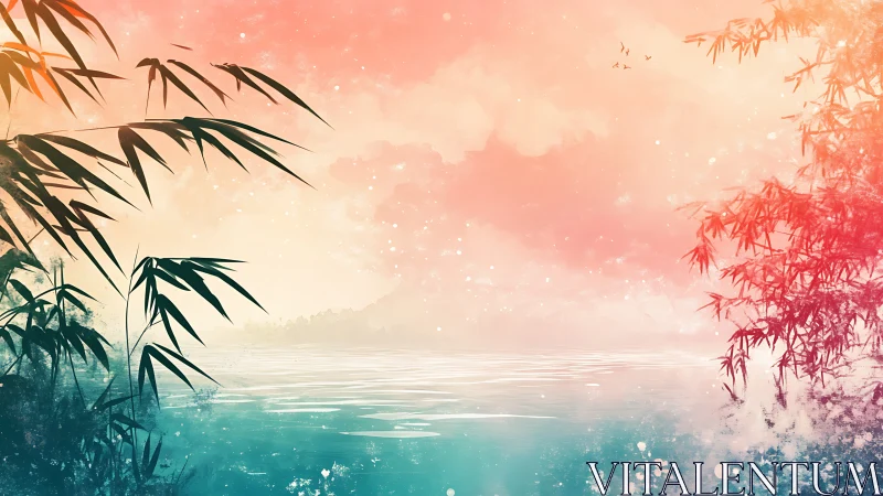 Bamboo silhouettes framing a pastel gradient lakeside horizon.