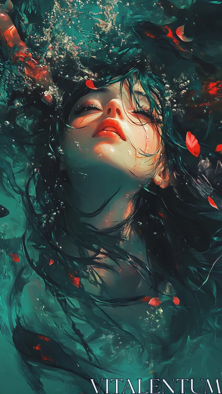 Dreamy underwater girl drifting in teal light and petals.