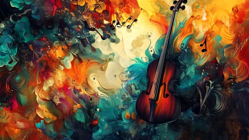 Colorful abstract cello artwork with swirling musical notes.