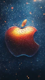 Luminous droplet-covered apple icon in cosmic blue field.
