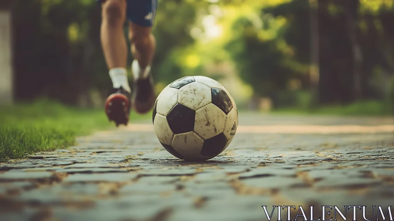 Shallow-depth street football frame with motion-tracked runner.