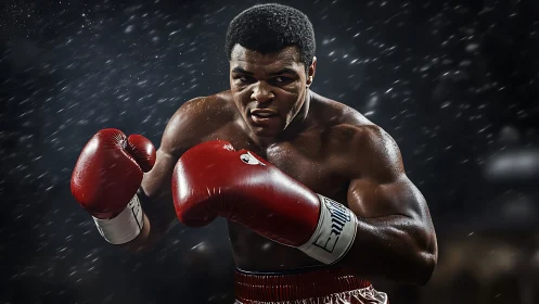 Professional boxer executing forward stance with crimson leather boxing gloves