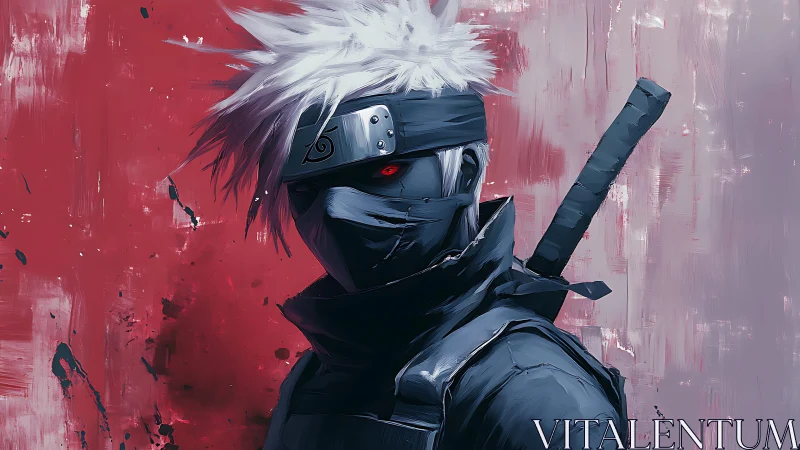 Digital painting portrait of masked ninja with scarlet backdrop.