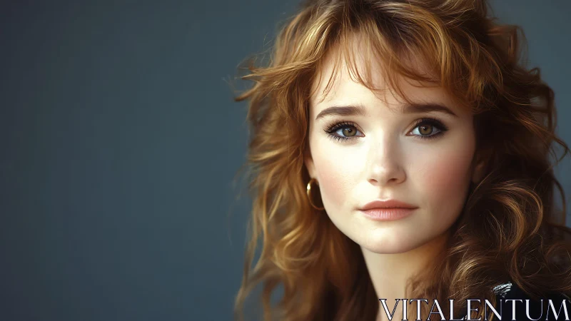 Portrait of young woman with wavy hair against plain backdrop.