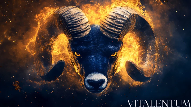 Flaming ram head rendered with high-contrast lighting and dynamic fire effects