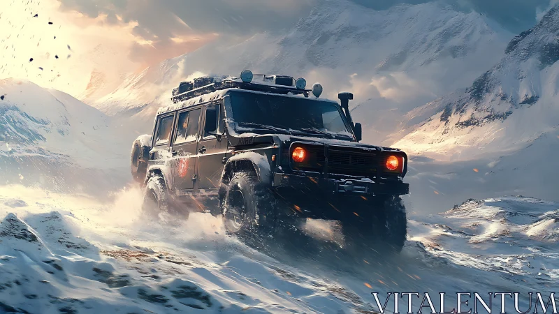 Off-road expedition SUV powers through harsh Arctic blizzard.