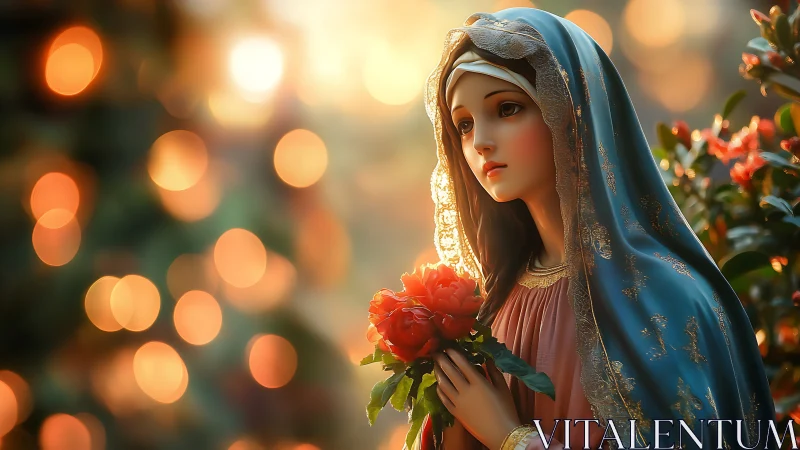 Digital painting of serene veiled figure with floral offering.