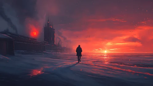Lone figure walks across frozen shore toward burning sunset