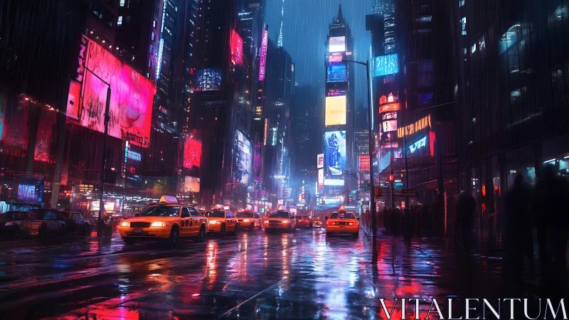 Neon rain crowns midnight taxis in electric city canyons.