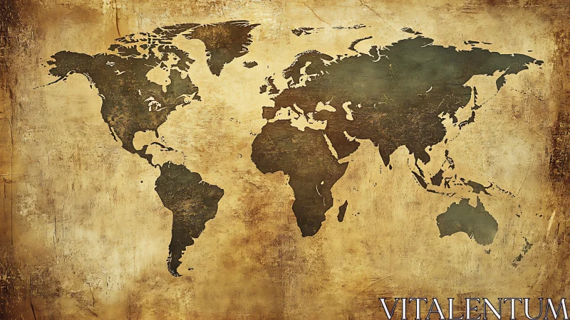 World map silhouettes overlay textured aged parchment background