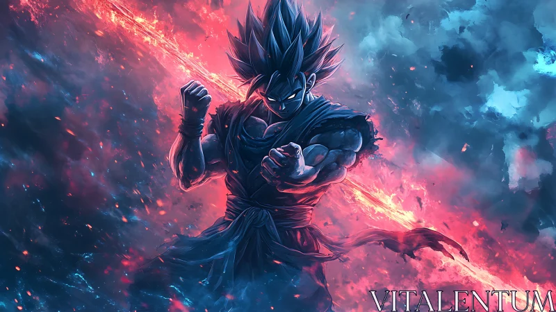 Muscular spiky-haired fighter stands centered in glowing clouds