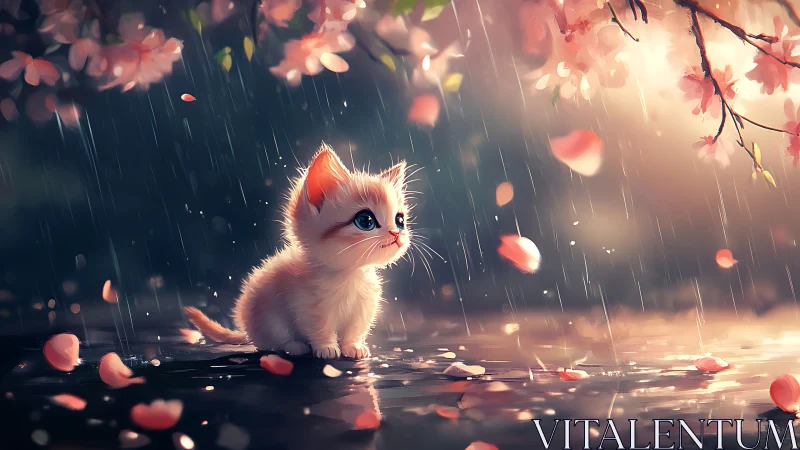 Tender Kitten in the Rain Among Falling Cherry Blossoms.