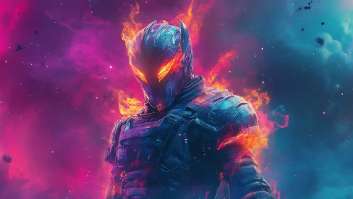Blazing armored warrior strides through neon cosmic flames