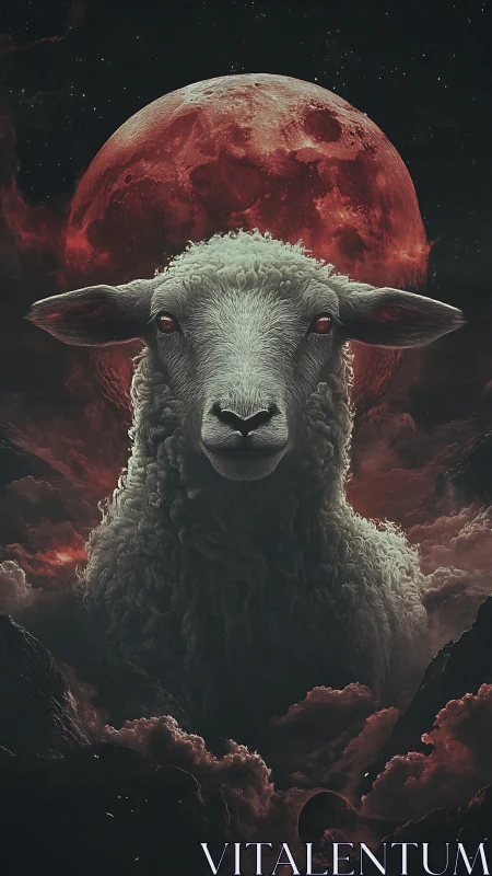 Luminous sheep rises beneath a blood moon in stormy skies