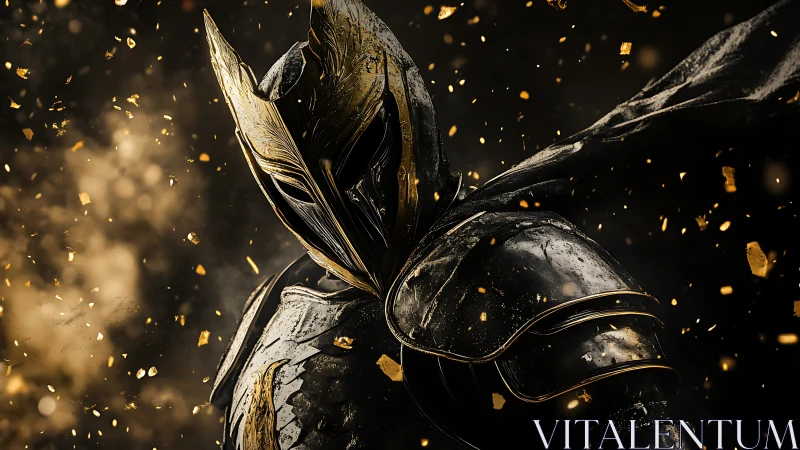 Gilded shadow knight in burning embers and drifting ash.