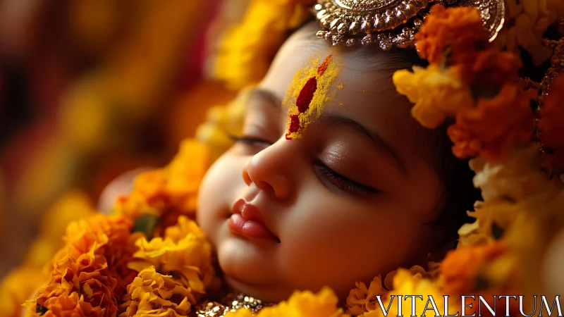 Infant face with floral garlands and ritual forehead mark.