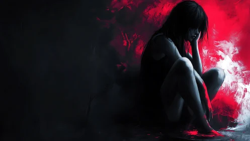 Solitary figure in chiaroscuro red-black contrast conveys tension