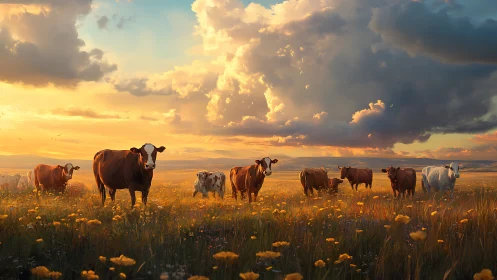 Sunlit cattle herd in wildflower meadow under storm clouds
