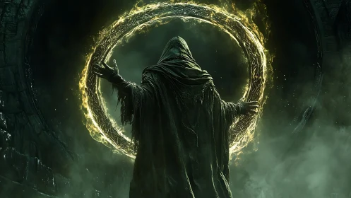 Hooded robed figure before luminous circular portal.
