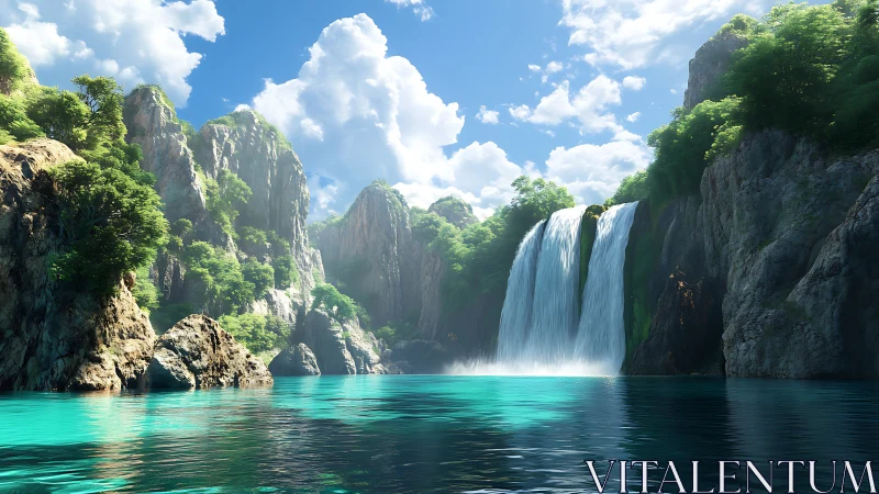 Waterfall and turquoise lagoon framed by rocky forest cliffs.