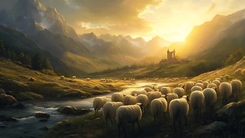 Sheep cross sunlit mountain valley toward distant stone castle