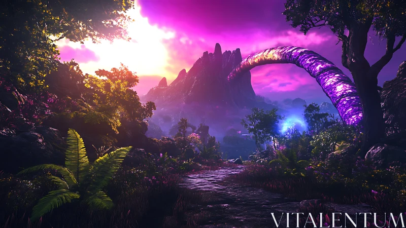 Bioluminescent Gateway Through Alien Jungle Under Cosmic Twilight