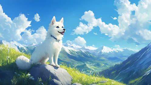 Joyful white dog soaks in bright mountain valley views