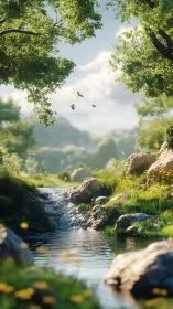 Sunlit forest stream flows between mossy rocks and flowers