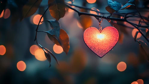 Glowing Heart Ornament Hanging from Autumn Branches