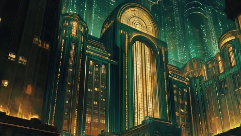 Art Deco Skyscrapers Illuminated at Night.