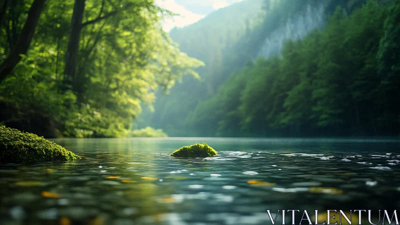 Sunlit forest river gently flowing through quiet green hills.