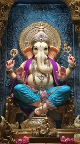 Polychrome Ganesh idol with gilded mandala throne detailing.