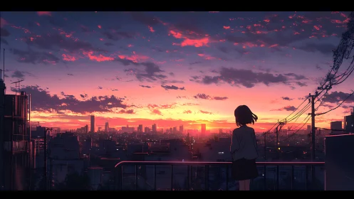 Silhouetted figure on balcony above dense city at sunset.