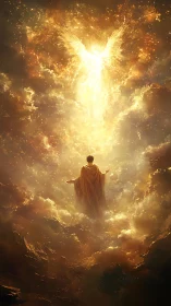 Radiant celestial figure welcomes a lone seeker in golden light