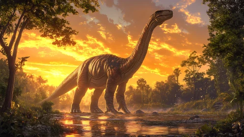 Sauropod dinosaur crossing river under blazing sunset.