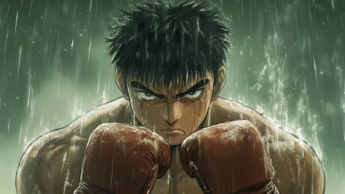 Rain-Soaked Boxer in Tense Confrontation.