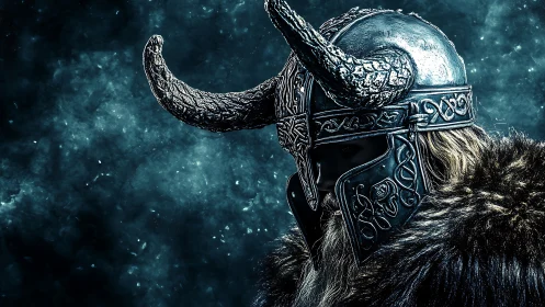 Horned warrior helmet reveals ornate Nordic metalwork under cold light