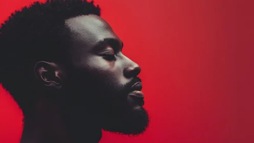 Side-lit male profile on saturated red negative space field.