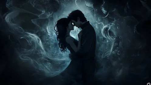 Silhouetted Couple Embracing in Ethereal Mist