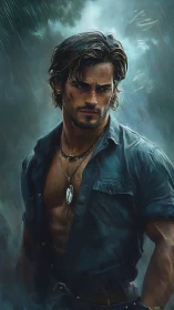 Brooding male figure in rain with open shirt and pendant.
