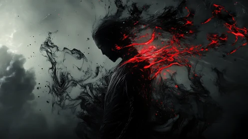 Dark shrouded figure unleashes red energy in stormy void