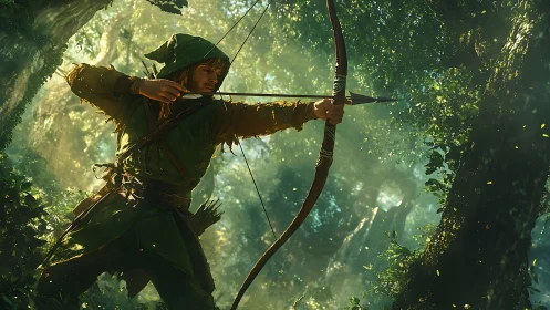 Forest archer poised to release arrow in radiant dawn light.