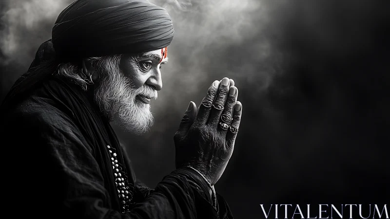 Elderly man in profile with folded hands and turban pose.