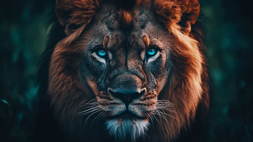 Hyperreal lion portrait isolates cyan eyes in low-key light