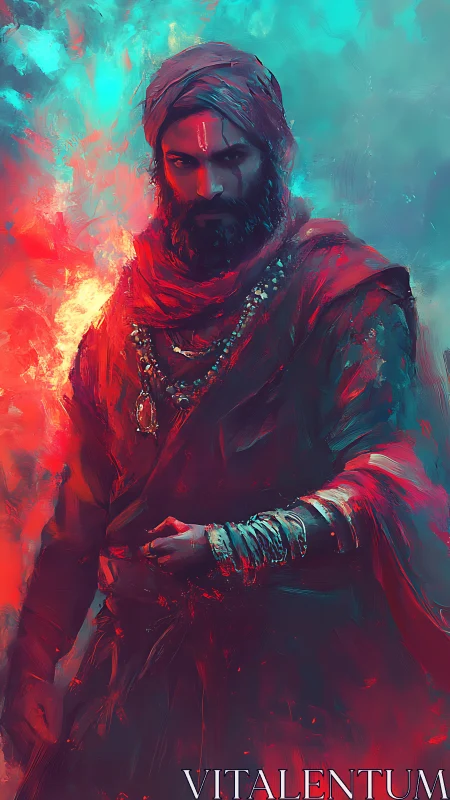 Warrior mystic stands in fiery teal and crimson haze.