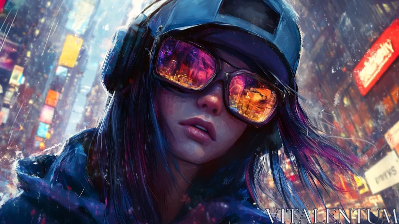 Neon city girl gazes through rain lit by electric reflections